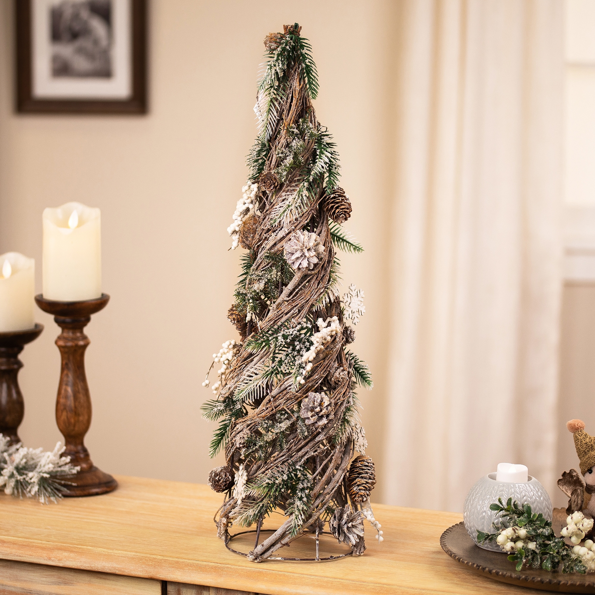 Flocked Snowflakes Pinecones Twisted Twig Artificial Tree 24.25"