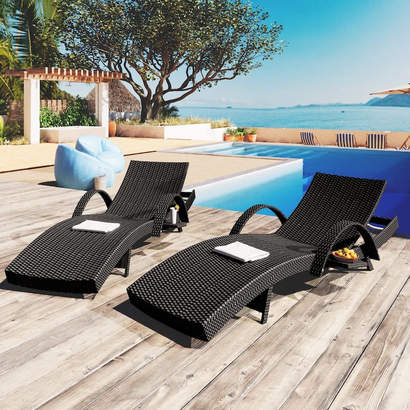 2 Pcs Outdoor Curved Wicker Chaise Lounge Chair, Reclining Chairs with Pull-Out Side Table & Adjustable Backrest - Black