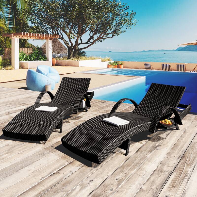 2-piece Outdoor Wicker Chaise Lounge Chairs Set with Pull-out Side Table, Patio Pool Adjustable Reclining Sun Lounger