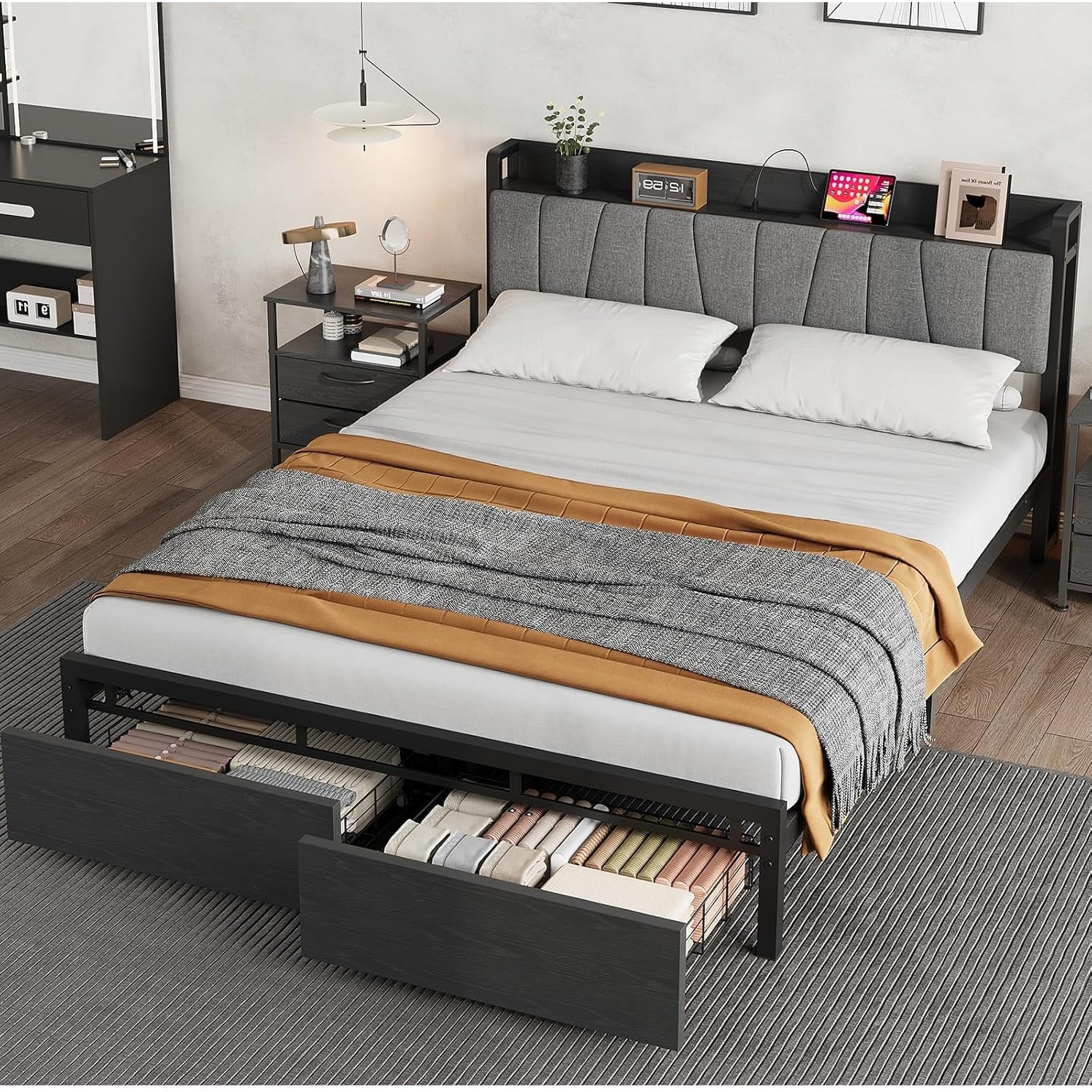 Full Black Platform Bed, Storage Drawers, Charging, Upholstered Headboard