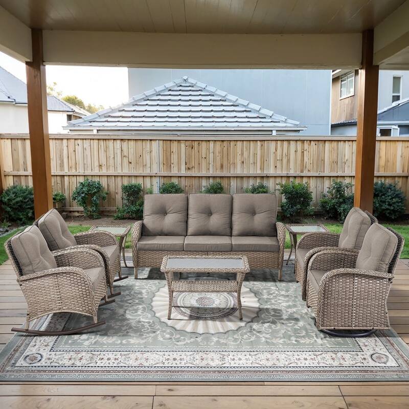 Gymojoy Outdoor Wicker Patio Furniture Sofa Chair Set Weather-Resistant - Grey Wicker / Grey Cusion - Sofa Set - included Swivel Chairs & Rocking Chairs