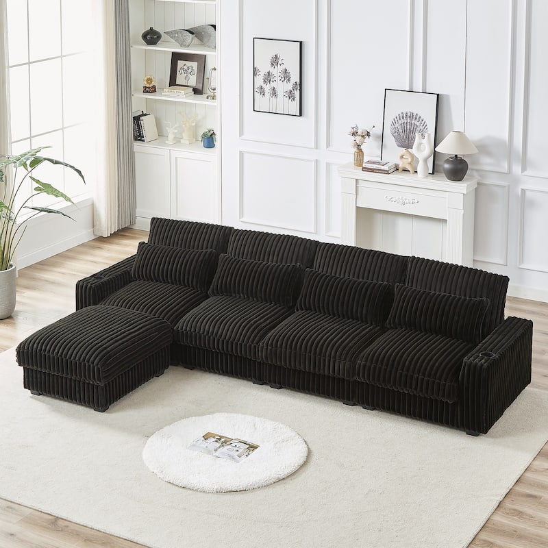 126" Corduroy Super Large L-Shaped Sofa With Cup Holder,Four Waist Pillows,Four Back Cushion and USB Port