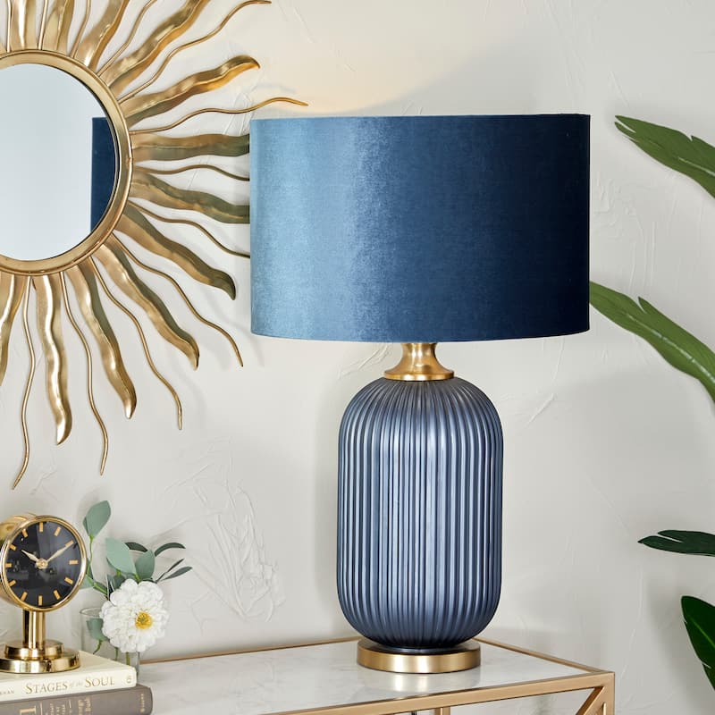 Blue Fabric Ribbed Table Lamp with Velvet Shade and Gold Accents