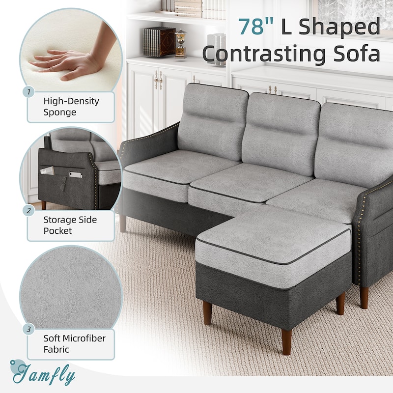 Futzca 78” L Shaped Sofa Couch with Ottoman and Side Storage Bag