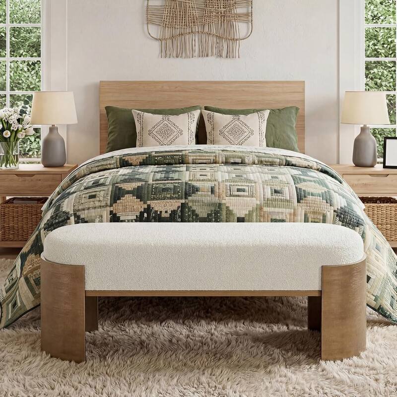 47.24" Upholstered Entryway Bench, Bay Window Seat with Cushion, Solid Wood End of Bed Bench for Bedroom