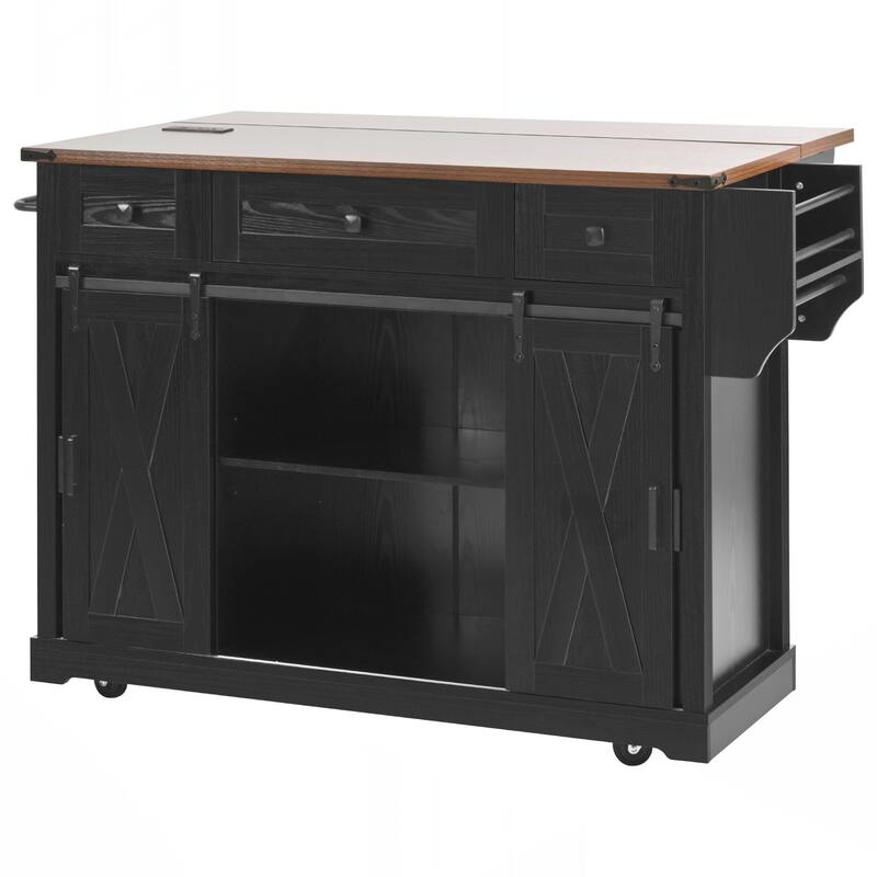 Farmhouse Kitchen Island with Storage, Rolling Kitchen Island on 5 Wheels with Spice Rack
