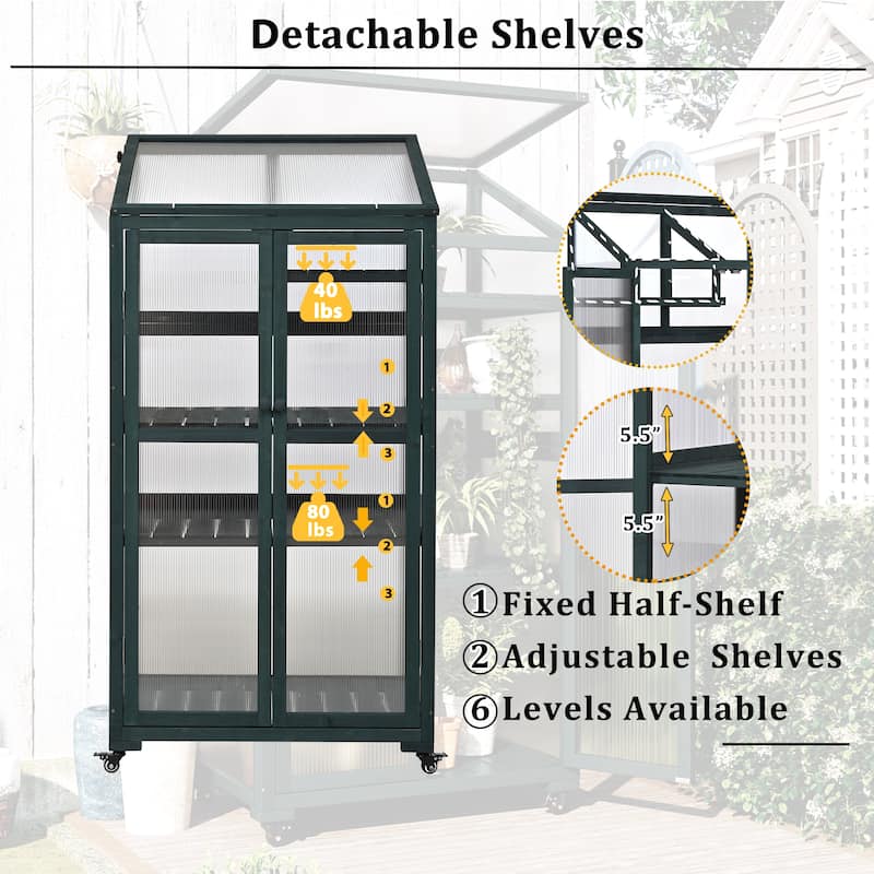 Wood Garden Shed Greenhouse Shed with Adjustable & Removable Shelves Balcony Shed with Removed Wheels