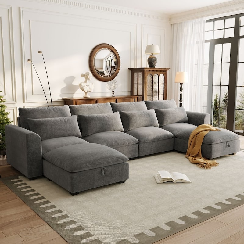 Modern U-shaped Modular Linen Blend Sectional Sofa with 2 Storage Ottomans and 4 lumbar pillows