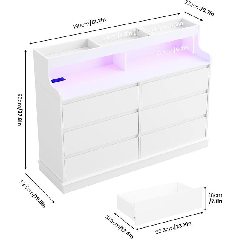 Dresser for Bedroom with 6 Drawers, Modern Chest Featuring LED Lights and Charging Station