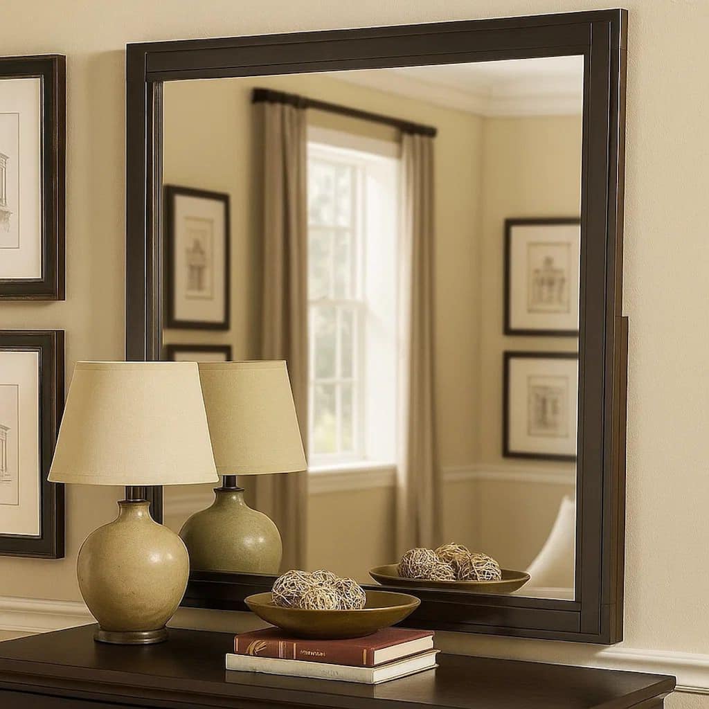 38 Transitional Style Square Wooden Frame Mirror, Espresso