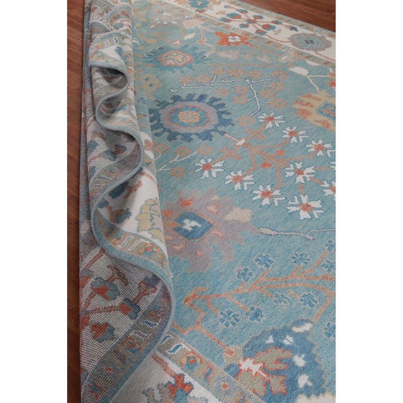 Hand Knotted Oriental 100% Wool Carpet Transitional All-Over Navy Blue & Blues Oushak Area Rug - 12' 4'' X 9' 2''