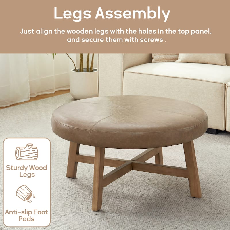 Round Upholstered Coffee Table with Solid Wood Base, Modern Fabric Ottoman Table for Living Room