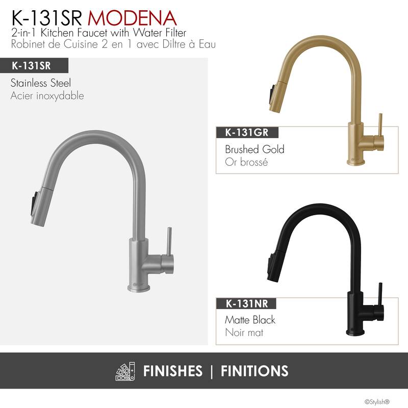 Modena Single Handle Brushed Gold Pull Down Kitchen Faucet with Reversible Osmosis