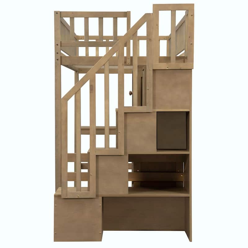 Wooden Twin Loft Bed with Built-in Desk, LED Lights, Storage Shelves, Cabinets & Staircase