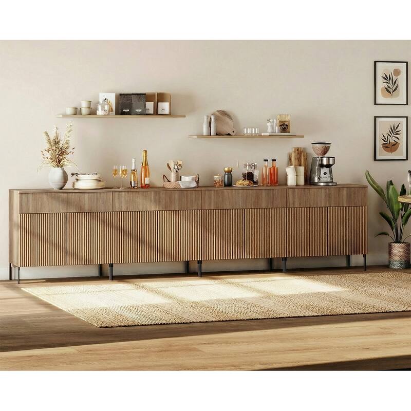 31.5" Wooden Reeded Sideboard With Doors And Drawer, Modern Credenza Storage Cabinet