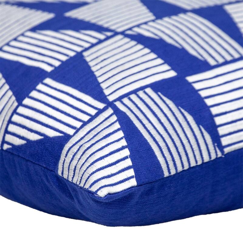 HomeRoots 18" Blue and White Geometric Cotton Throw Pillow With Embroidery