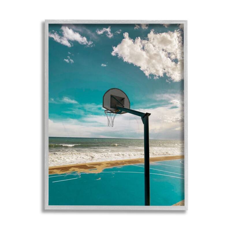 Stupell Vibrant Blue Basketball Hoop Coastal Beach Court Framed Wall Art - 11 x 14 - Silver