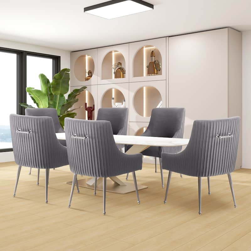 SEYNAR Modern Velvet Pleated Finish Back Dining Chair Set of 6 with Rear Handle - Grey