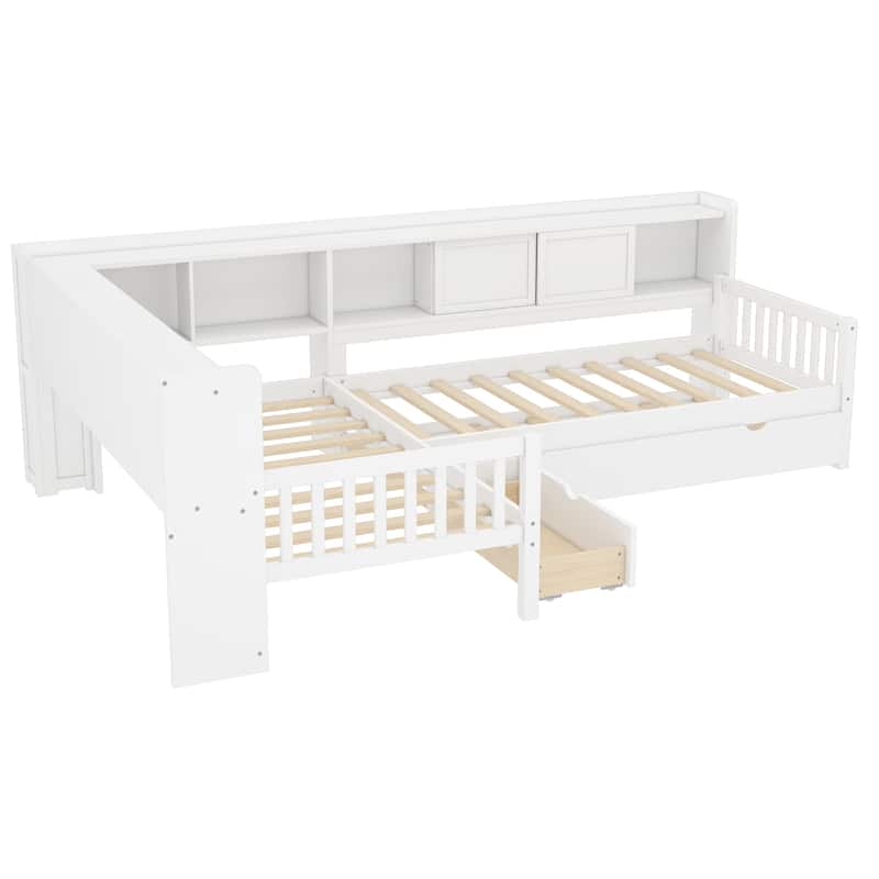 L-shaped Bunk Platform Bed Twin Size Solid Wood Storage Bedframe with Trundle, Drawer and Open Shelves for Boys, Girls, Kids