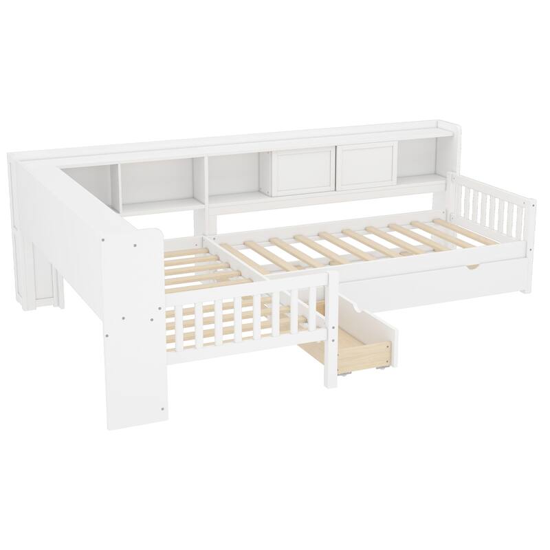 L-shaped Platform Bed Twin Size with Trundle, Solid Wood Platform Bed with Storage Drawers and Shelves, No Spring Box Needed