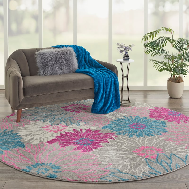 Nourison Passion Abstract Modern Floral Area Rug - 8' Round - Pink/Grey