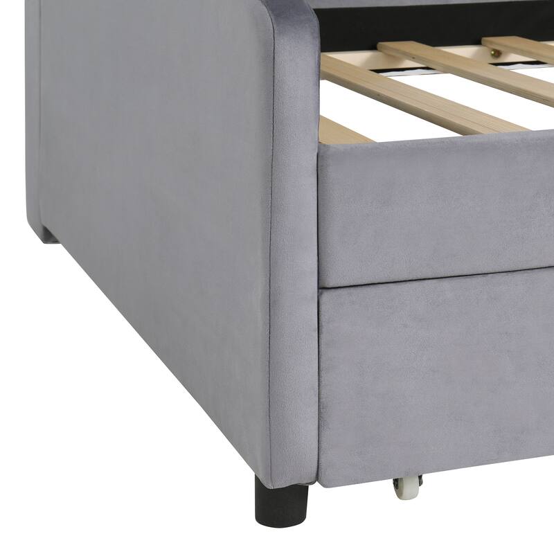 Twin Size Gray Upholstered Platform Bed with Storage Drawers and Velvet Headboard