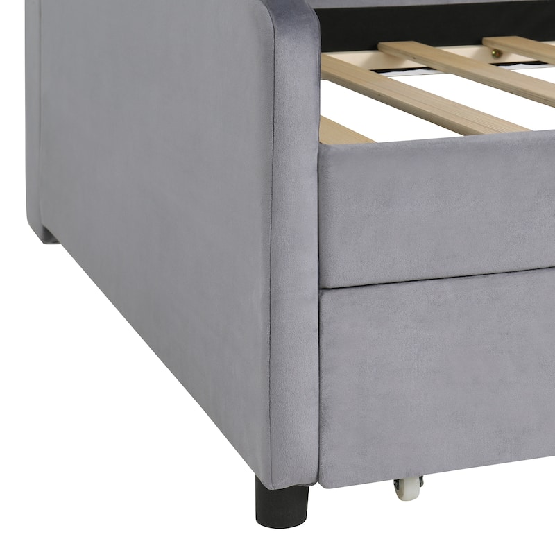 Wood Daybed Frame Velvet Upholstered Platform Bed, Low Profile Panel Bed with Bookcase & Drawers