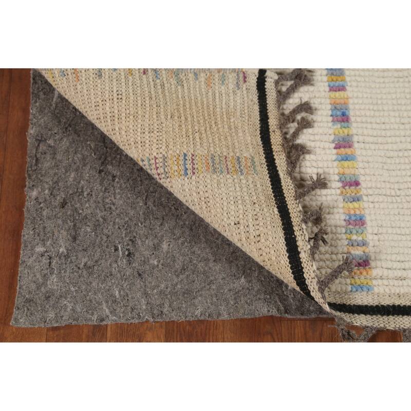 Ivory Moroccan Area Rug Hand-Knotted Stripe Wool Carpet - 4'11"x 8'8"