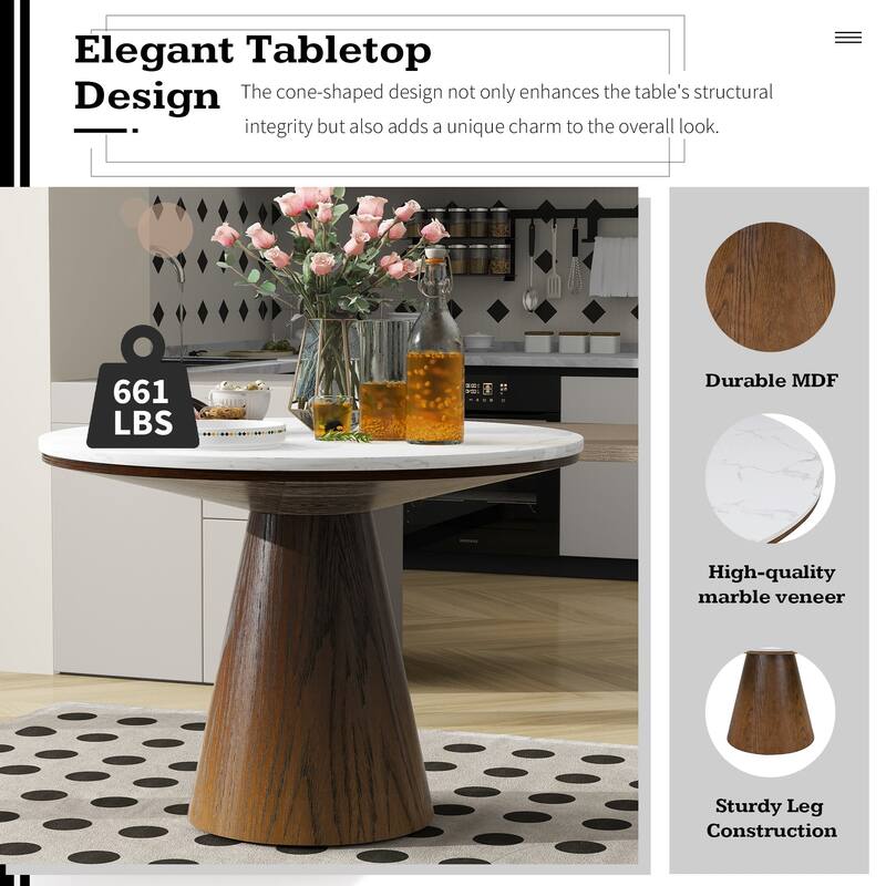 Retro Wood Round Minimalist Elegant Dining Table with Frustum Leg
