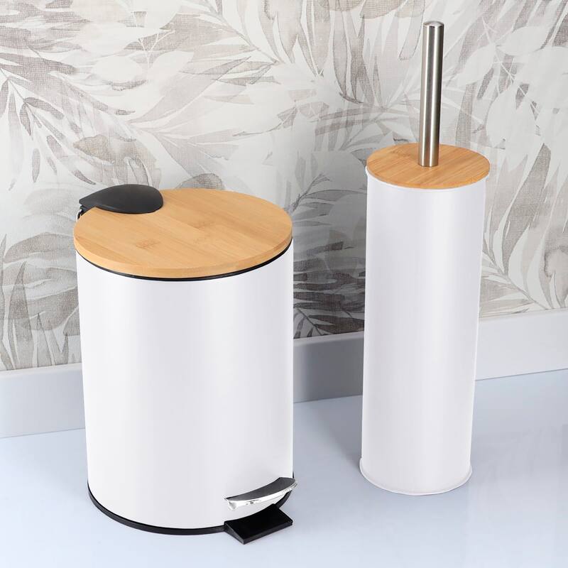 Bathroom Set with Bamboo Lid - Matte Metal Trash Can and Toilet Brush - 15.6" H x 11" L x 11" W