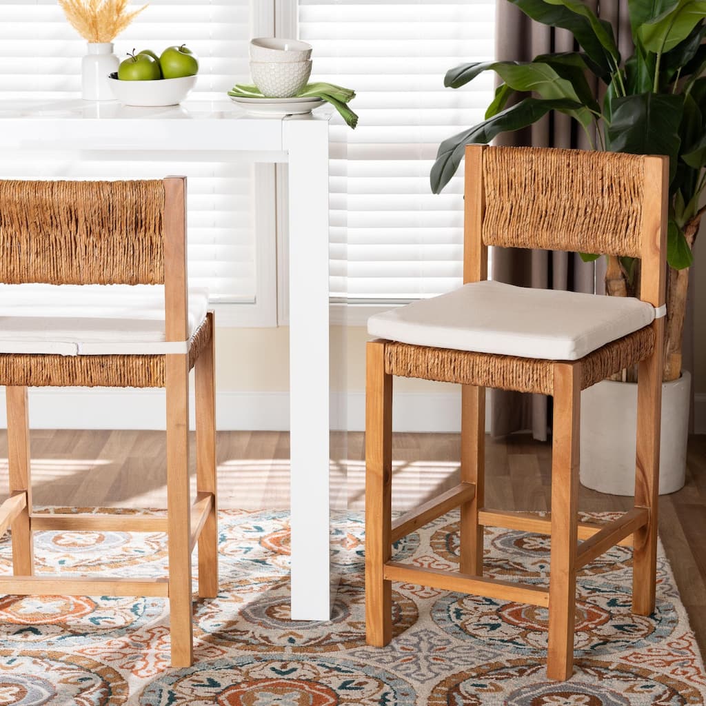Pava Woven Seagrass Counter Stool - Solid Mahogany Wood Stool with Textured Back, Coastal Boho Seating for Kitchen Island