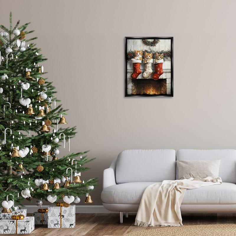 Stupell Christmas Kittens in Stockings Framed Floater Canvas Wall Art Design By Arlington Prints