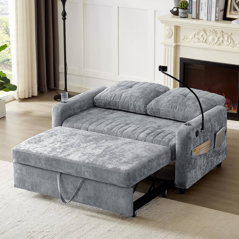 Chenille Loveseat Convertible Pull-out Sleeper Sofa Bed, Tufted Couch w2 Cup Holders Phone Holder & 3 USB Ports, Pockets