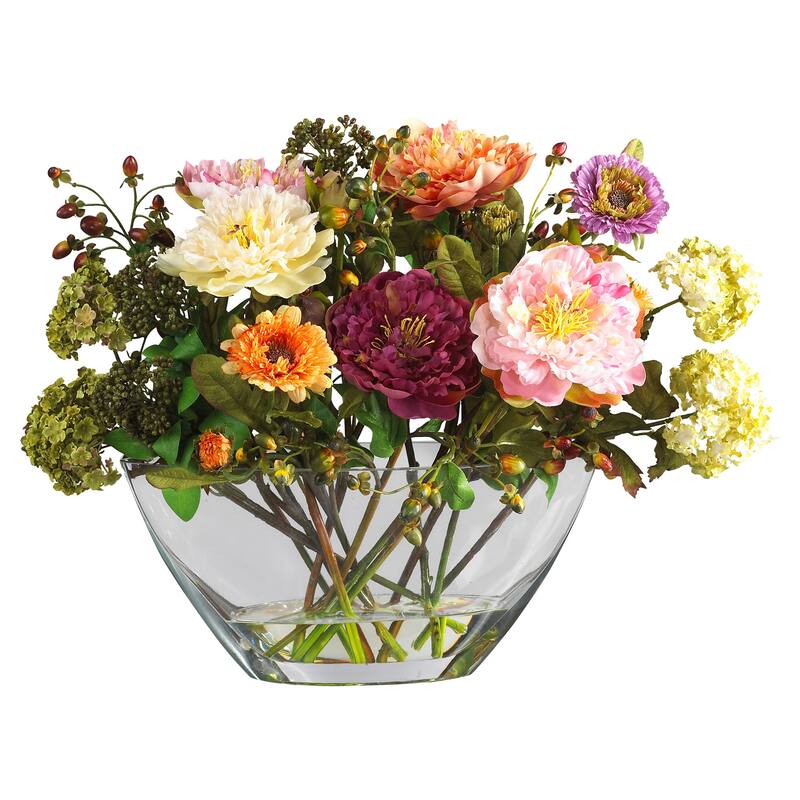 18" Artificial Peony Silk Flower Arrangement with Glass Vase - Multi