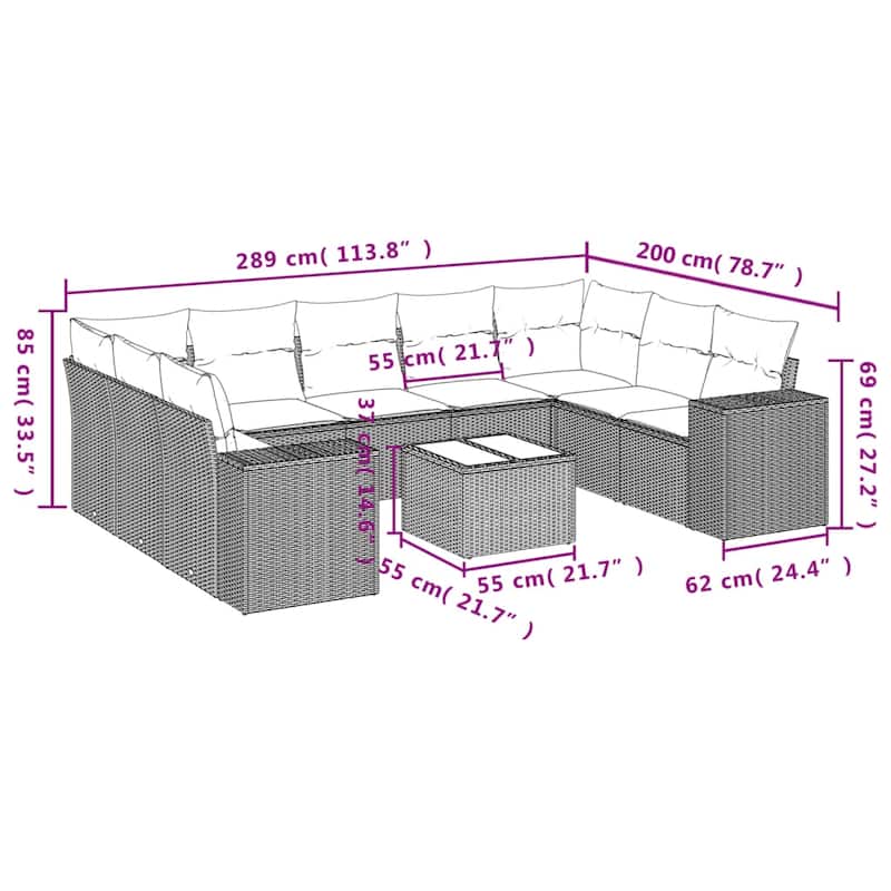 vidaXL 9/10 Piece Patio Sofa Set with Cushions Black/Brown/Gray Poly Rattan - 24.4 x 24.4 x 27.2