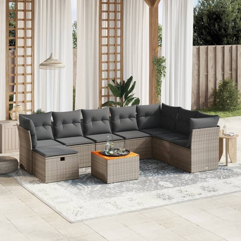 vidaXL Patio Sofa Set with Cushions Outdoor Furniture 9 Piece Poly Rattan - Grey Large