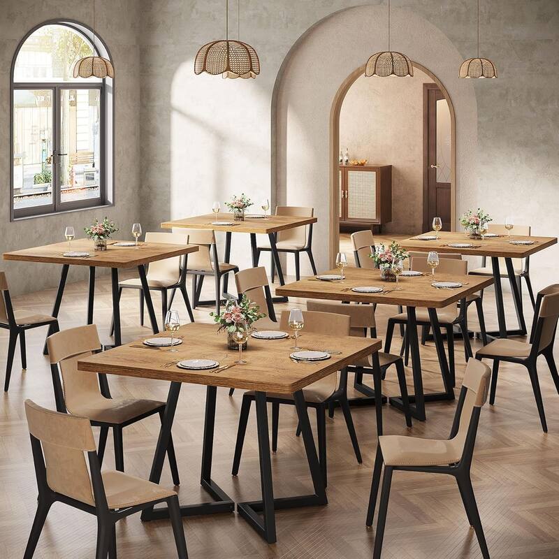 31.5 Inches Industrial Square Dinner Table with Metal Base - 6PCS - Natural & Black