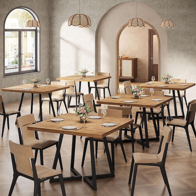 Square Dining Table Set, Industrial Dinner Table with Metal Base for Bar, Coffee Shop, Resturant - 6PCS - Natural