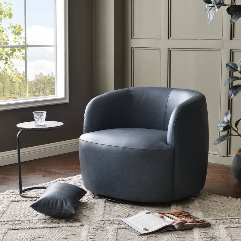 KINWELL 34" Wide Swivel Faux Leather Barrel Armchair Upholstered PU Leather Accent Chairs for Living Room Office Lounge