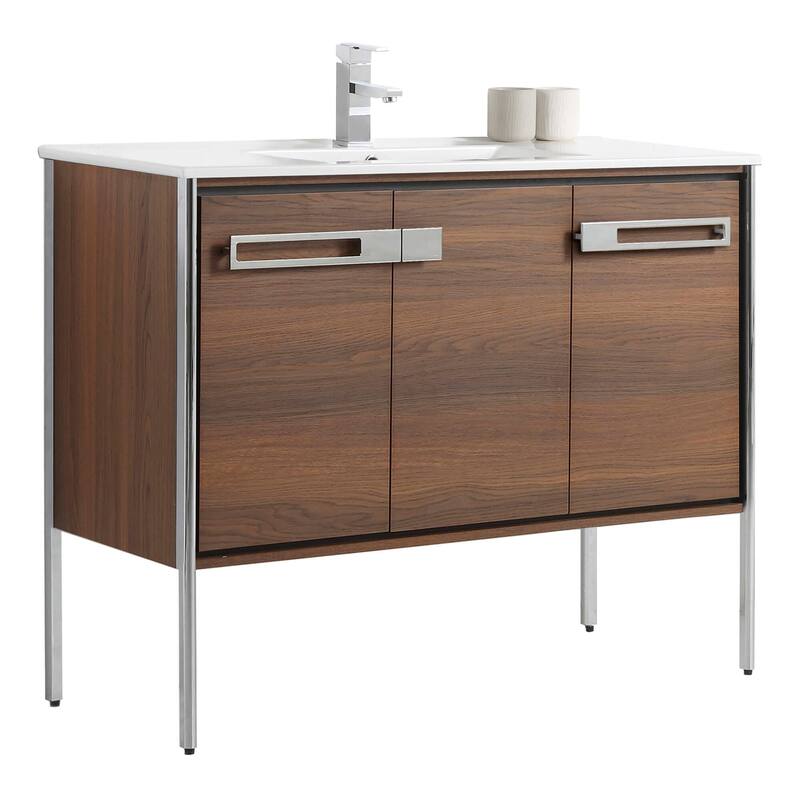 Fine Fixtures Oakville Bathroom Vanity with White Ceramic Sink - 42 Inch - Walnut Ebony - Chrome Hardware