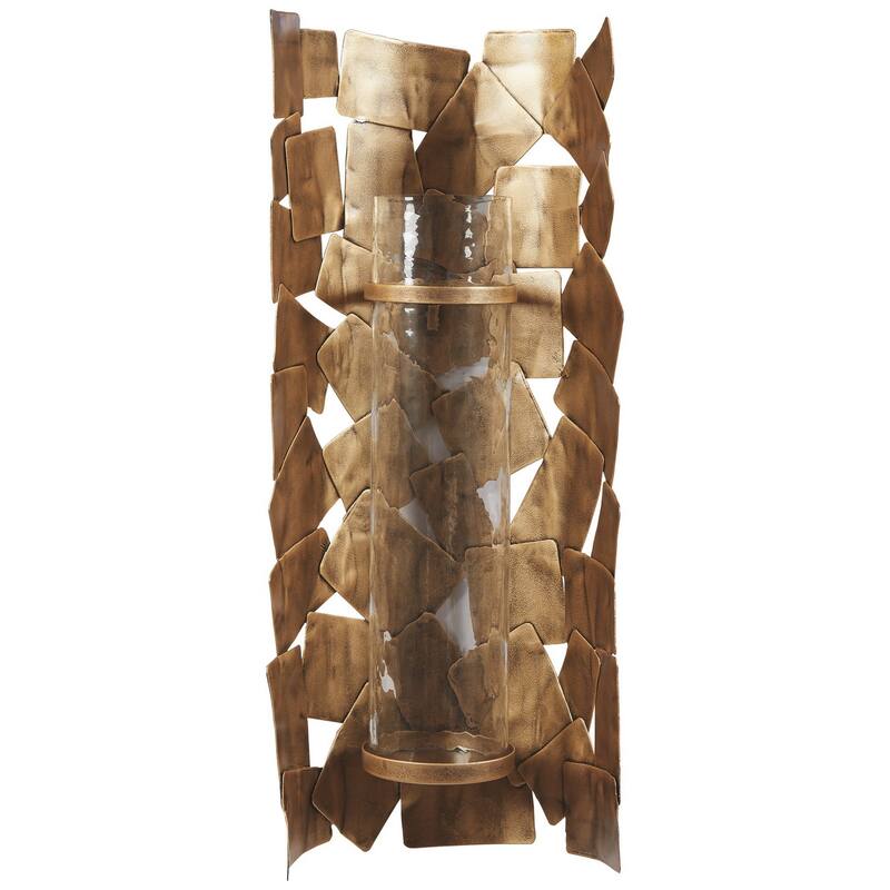 Bulged Frame Metal Wall Sconce with Candle Holder, Antique Gold and Clear
