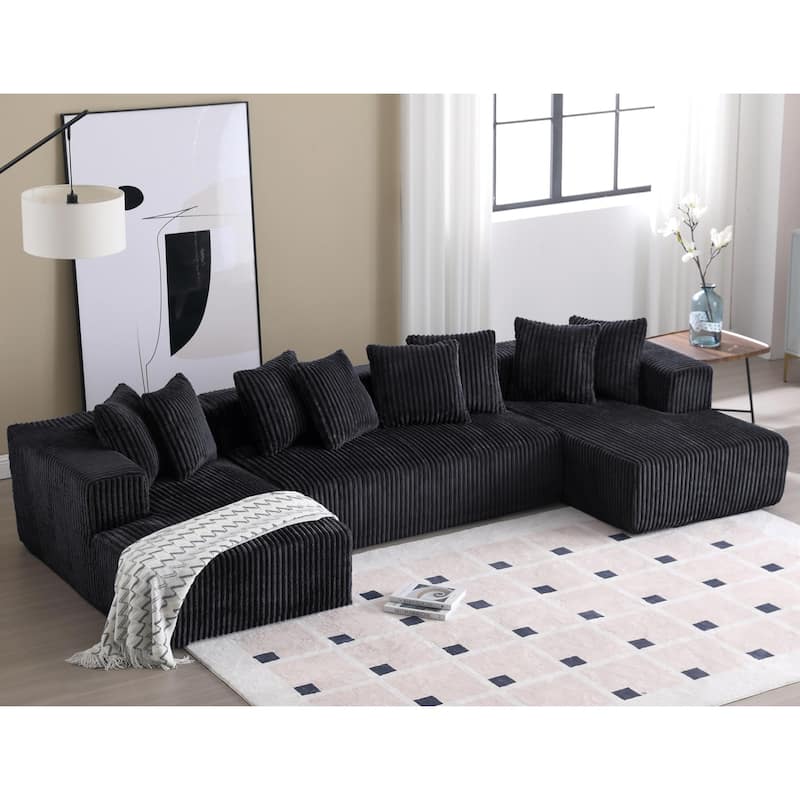 Modular U-Shaped Striped Corduroy 4-Seater Sectional Sofa with 2 Chaises and Loveseat for Living Room Bedroom - Antique Black