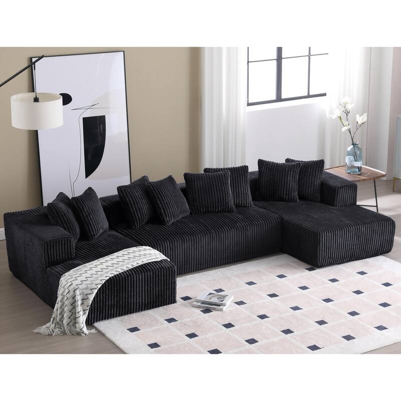 U-shaped Floor Sectional Sofa Striped Corduroy Upholstered Recliner Couches with 2 Chaise Lounge and 8 Toss Pillows - Antique Black