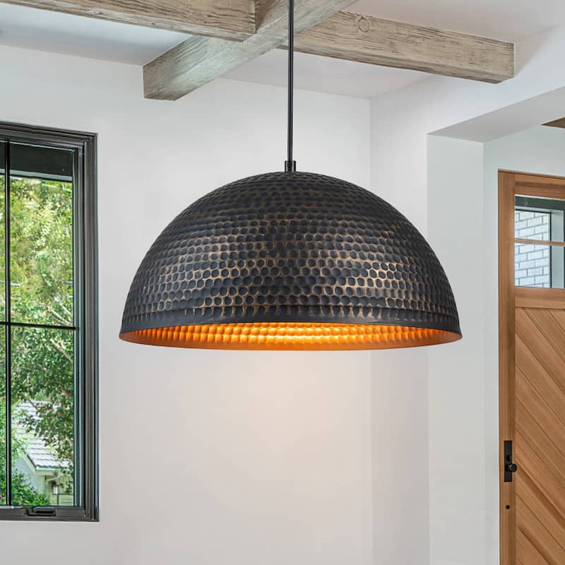 15.8" Industrial Modern Black Hammered Dome Pendant Light Fixture - W 15.75" - W 15.75"