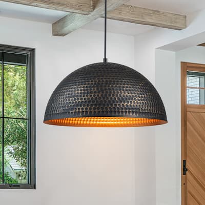 15.8" Industrial Modern Black Hammered Dome Pendant Light Fixture - W 15.75"