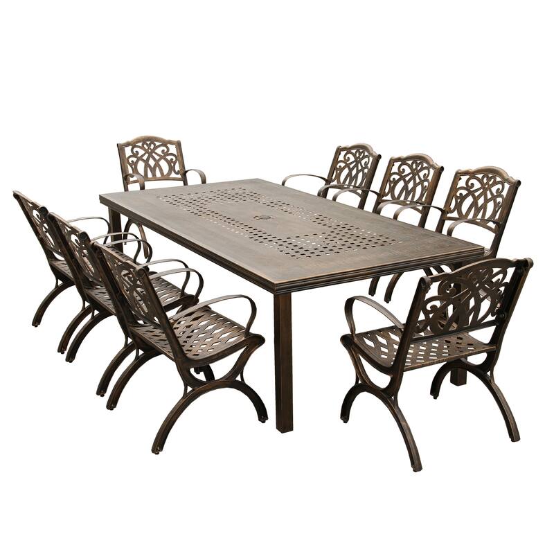 Modern Outdoor Mesh Lattice Aluminum 95-in Large Rectangular Patio Dining Set with Eight Arm Chairs - N/A - Bronze