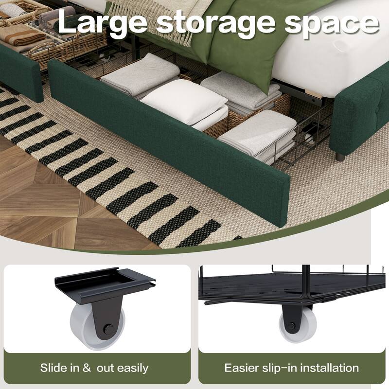 Linen Upholstered Headboard Bed Frame with Large Hidden Storage, 4 Underbed Drawers with Pulleys