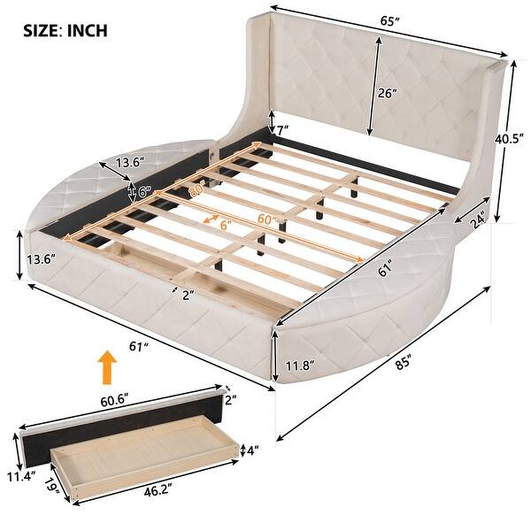 Queen Upholstered Platform Bed with 1 Drawer,2 Side Storage Stool