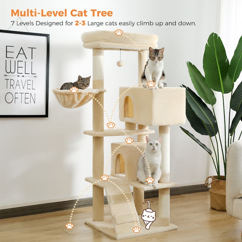 Cat Tree with Large Top Perch, Plush Hammock, 2 Condos, Dangling Pompom & Cat Scratching Posts