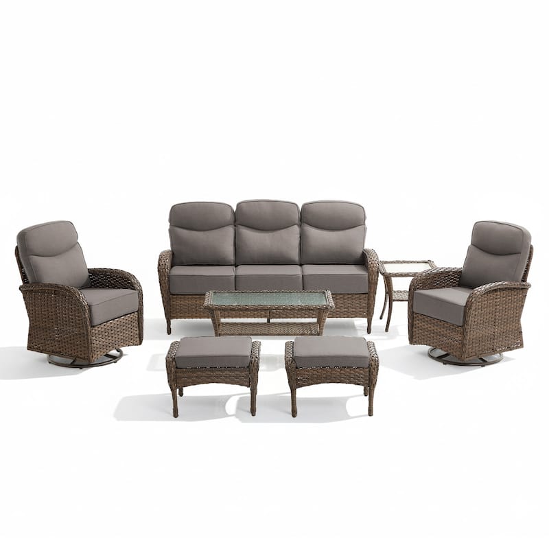 Meyreso 7-Piece Wicker Patio Conversation Set with Swivel Gliders and 6-Inch Thick Olefin Cushions